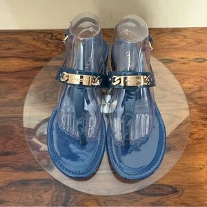 COACH Caterine Blue Patent Leather T-Strap Thong Sandals